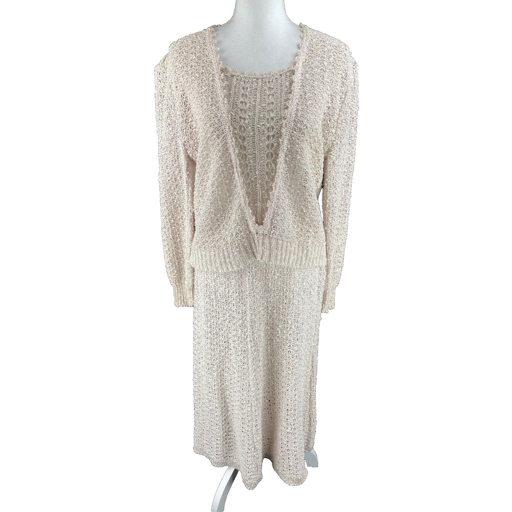 1970s XL Pallas Hand Loomed Irish Linen Open‎ Knit 2 piece Skirt Jacket Suit Vtg